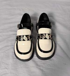 Black and White Patent Mary Jane Loafers with Embellished Buckle Size 34